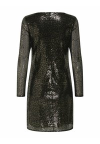 Robe en sequins noirs à manches longues, avec une coupe ajustée et une texture brillante. Le motif se compose de rayures verticales et de sequins éparpillés.