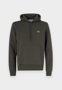 Felpa con cappuccio verde scuro con tasca frontale a marsupio, cappuccio con coulisse, polsini e orlo a costine, con un piccolo logo Lacoste sul petto.