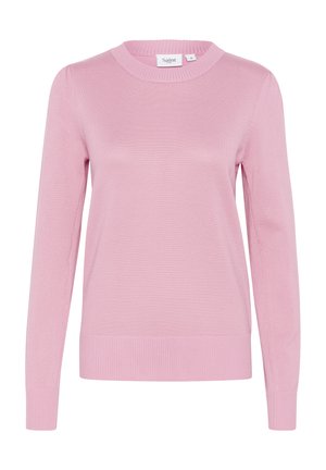 Pull léger rose en maille douce, avec un col rond, des manches longues et des poignets et un ourlet en bord-côte. Pas de motifs ni d'accents visibles.