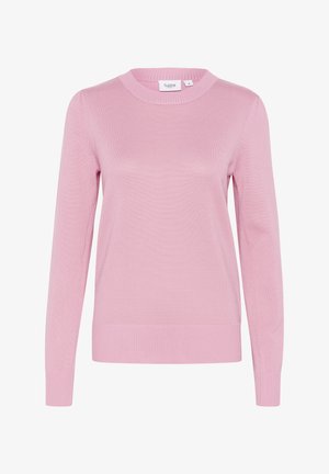 Pull léger rose en maille douce, avec un col rond, des manches longues et des poignets et un ourlet en bord-côte. Pas de motifs ni d'accents visibles.