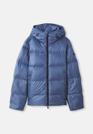 Veste matelassée bleu, à capuche, avec fermeture éclair, dotée d'un design quilté et de poches latérales. Fabriquée à partir d'un matériau léger et brillant.