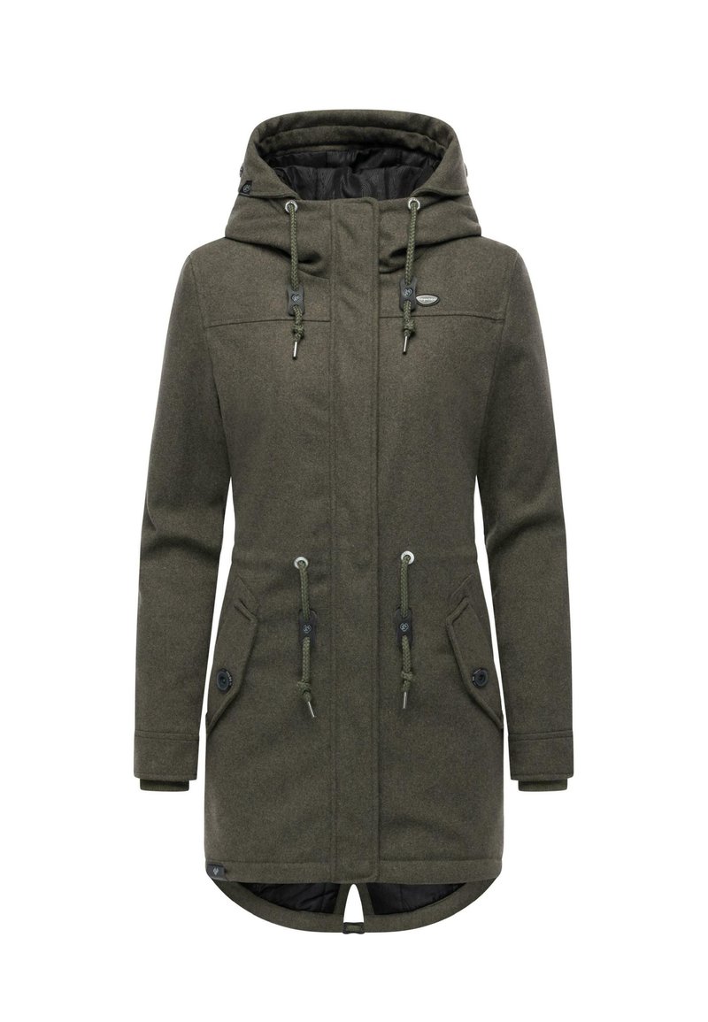 Olivgrön lång kappa med en kviltad huva, frontdragkedja, snörningsdetaljer, två sidofickor och rundad fåll.