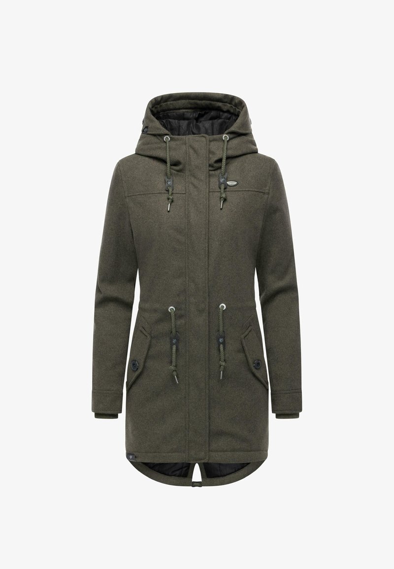 Olivgrön lång kappa med en kviltad huva, frontdragkedja, snörningsdetaljer, två sidofickor och rundad fåll.