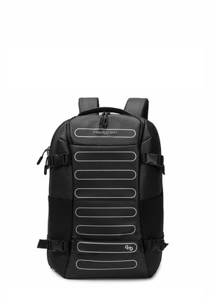 Schwarzer Hedgren Rucksack mit gepolstertem Frontpanel, zwei seitlichen Schnallen, Netzseitentaschen, Tragegriff oben und verstellbaren Schultergurten.