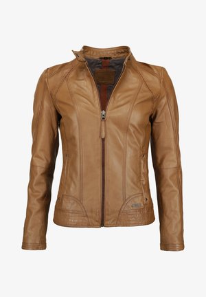 Brun læderjakke med en kort krave, frontlynlås og syet detaljer. Har to side lommer og en glat tekstur.