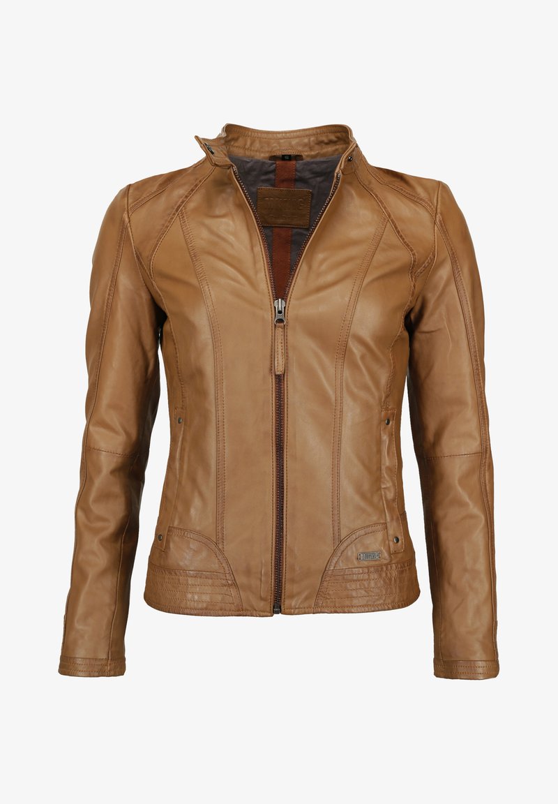 Veste en cuir brun avec un col court, fermeture éclair à l'avant et détails cousus. Comprend deux poches latérales et une texture lisse.