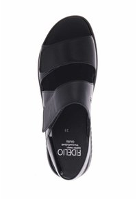 Black sandal featuring three wide straps, smooth leather texture, open toe design, and cushioned footbed with brand logo. Size 39.