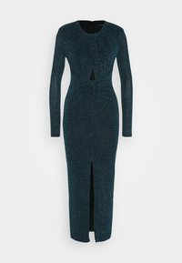 Langärmliges, dunkelblaugrünes Kleid mit einer taillierten Silhouette, Schlüssel-Ausschnitt und zentralem Schlitz, verziert mit einer subtilen Glitzermuster.