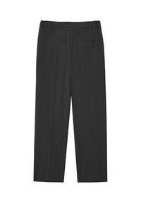 Schwarze, weite Hosen mit elastischem Bund, zwei Gesäßtaschen und glatter Textur. Mit gepressten Vorderfalten für zusätzliche Details.