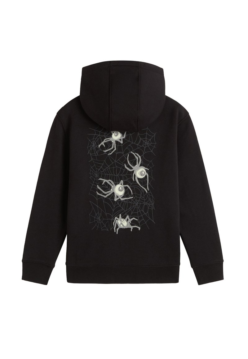 Schwarzer Hoodie mit einem Rückendesign, das vier hellgraue Spinnen auf überlappenden Spinnennetzen zeigt.