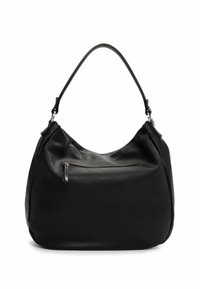 Czarna skórzana torba hobo o gładkiej fakturze, z pojedynczym regulowanym paskiem i zamykaną na zamek kieszenią z przodu dla dodatkowej funkcjonalności.