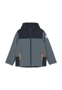 Huvtröja i marinblå, grå och ljusgrå, med dragkedja fram, två sidofickor med dragkedja och orange detaljer, samt en färgblockerad design.