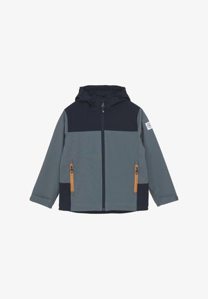 Giacca con cappuccio in blu navy, grigio e grigio chiaro, caratterizzata da una zip frontale, due tasche laterali con zip con accenti arancioni e un design a blocchi di colore.