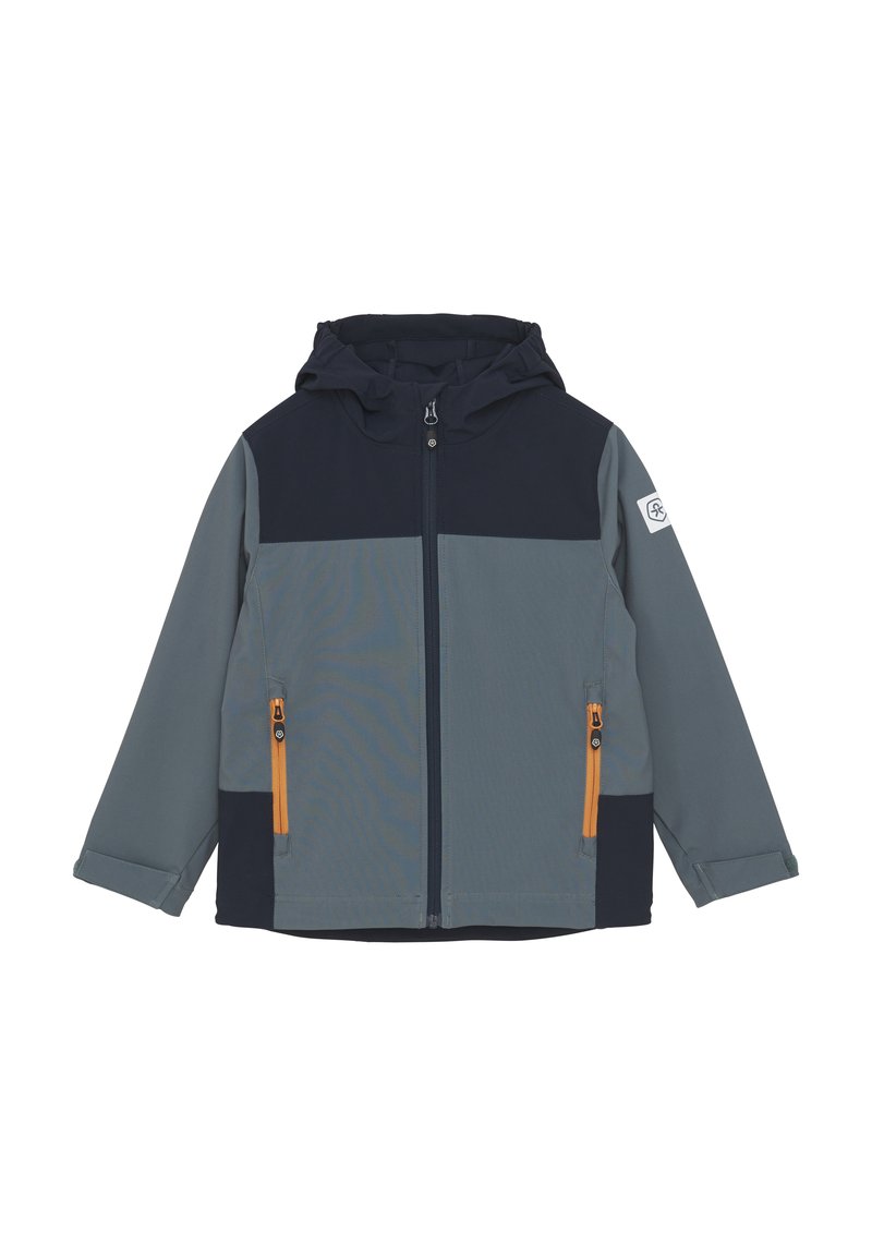 Huvtröja i marinblå, grå och ljusgrå, med dragkedja fram, två sidofickor med dragkedja och orange detaljer, samt en färgblockerad design.