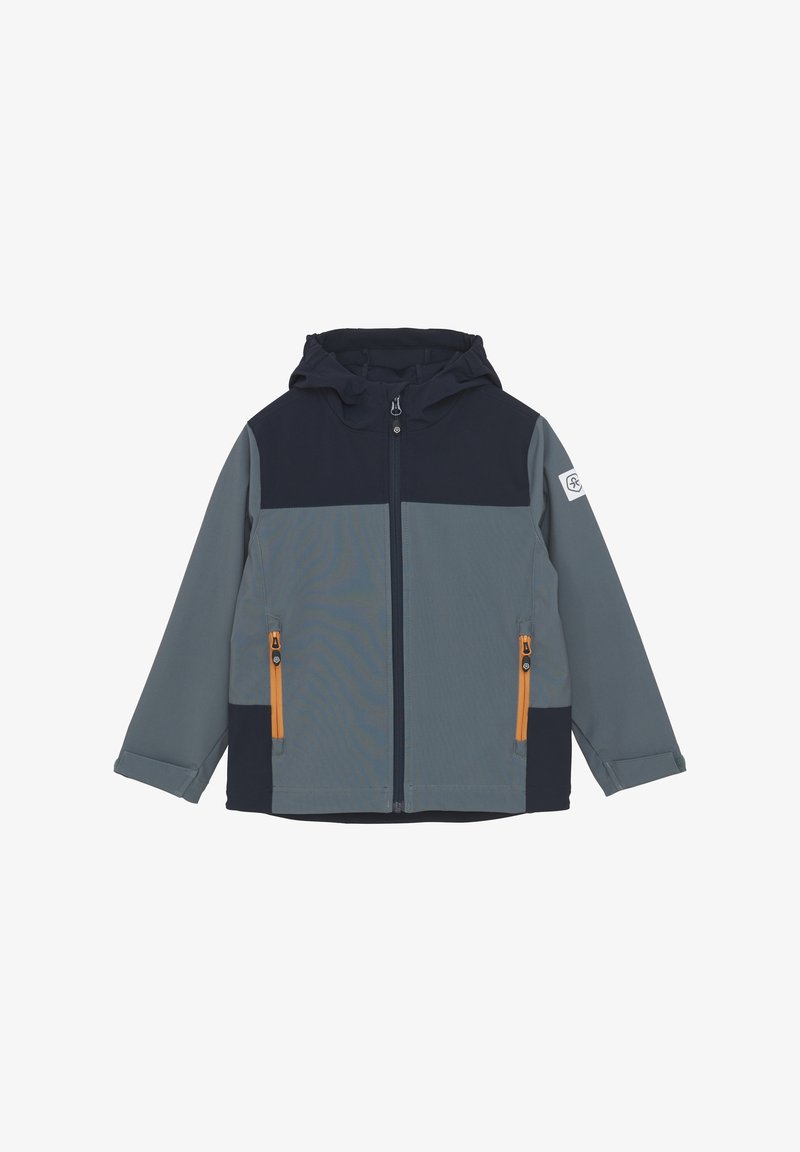 Huvtröja i marinblå, grå och ljusgrå, med dragkedja fram, två sidofickor med dragkedja och orange detaljer, samt en färgblockerad design.