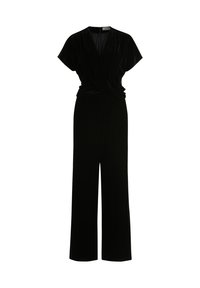Schwarzer Samt-Jumpsuit mit Wickel-Design, kurzen Ärmeln und weitem Beinanschnitt. Er verfügt über eine glatte, weiche Textur und einen verdeckten Reißverschluss im Rücken.