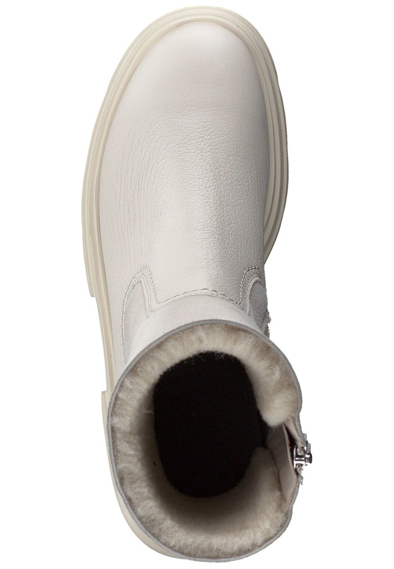 Weißes Leder-Ankle-Boot mit runder Zehenpartie, weichem Innenfutter und seitlichem Reißverschluss. Verfügt über eine weiße Gummisohle und eine glatte Textur.