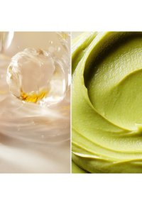 Klar væske spruter i gullnyanser til venstre; jevn, kremet grønn substans med en blank tekstur til høyre.