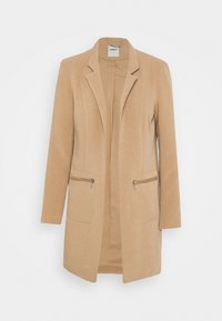 Béžový kordový dlouhý blazer s klopami a dvěma předními kapsami se stříbrnými zipy.
