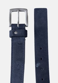 Navy blue suede belt featuring a silver metal buckle, smooth texture, and multiple holes along the strap for adjustable sizing.