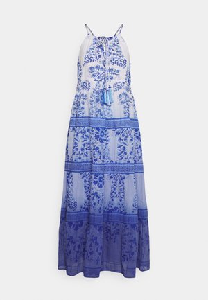 Abito lungo azzurro con motivi floreali blu scuro, spalline regolabili e dettagli con nappine. Realizzato in tessuto leggero.