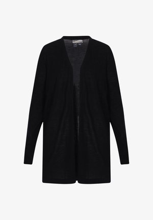 Schwarze offene Strickjacke mit langen Ärmeln, aus leichtem Material gefertigt. Verfügt über einen entspannten Schnitt und eine subtile Textur. Ohne Verschlüsse.