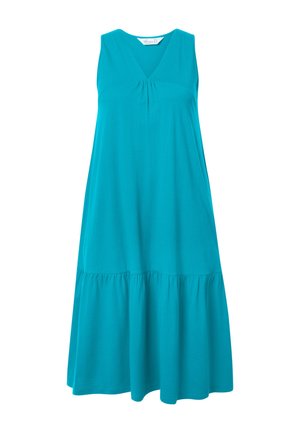 Ein ärmelloses V-Ausschnitt-Kleid aus glattem türkisfarbenem Stoff mit einem gestuften Saum, das unter dem Ausschnitt eine geraffte Detail aufweist.