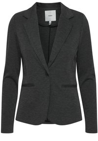 Ušitý tmavě šedý blazer vyrobený z jemné tkaniny, s klopovým límcem, zapínáním na jeden knoflík a dvěma předními kapsami s jemnými švy.
