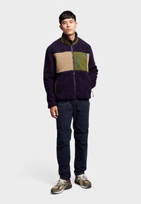 Fleece jacket with a purple body, tan and green panels, full zipper, and front pocket with blue hardware. Paired with dark pants and shoes.