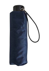 Parapluie en tissu bleu marine avec un design cylindrique et pliable, doté d'une poignée noire brillante et d'une sangle noire de transport.