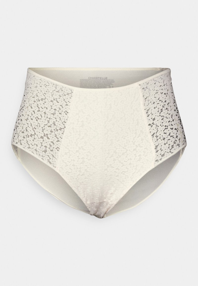 High-waisted underwear in light cream with a smooth front and lace accents on the sides, featuring a semi-sheer floral pattern.