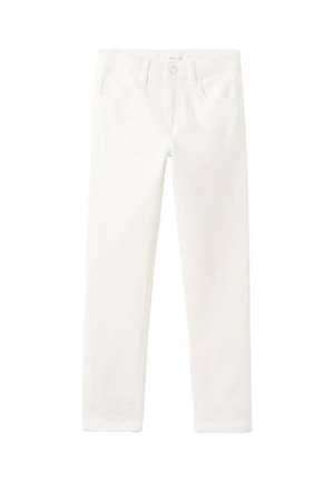 Jean blanc droit avec boutons avant et poches, passants pour ceinture, et détails de surpiqûres visibles sur un fond uni.