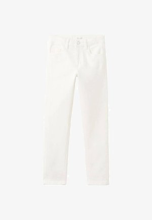 Weiße Jeans mit geradem Bein, vorn mit Knopf und Taschen, Gürtelschlaufen und sichtbaren Nahtdetails auf einfachem Hintergrund.