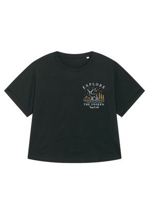 Black cotton t-shirt with a loose fit, round neckline, and short sleeves. Features a front graphic with mountains, trees, a deer, and text.