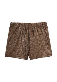 Brūni metāliski šorti ar elastīgu jostu, gluda tekstūra un spīdīga, atstarojoša virsma. Veidoti brīvā griezumā.
