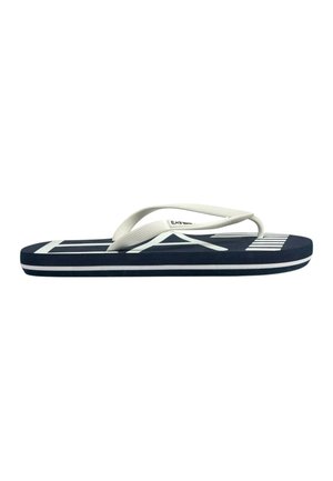 Infradito blu navy con strisce bianche e cinturini in plastica bianca, vista laterale su sfondo bianco.