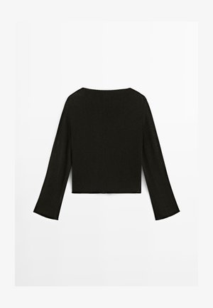 Black long-sleeve cropped sweater with a straight hem and wide sleeves, laid flat on a white background.