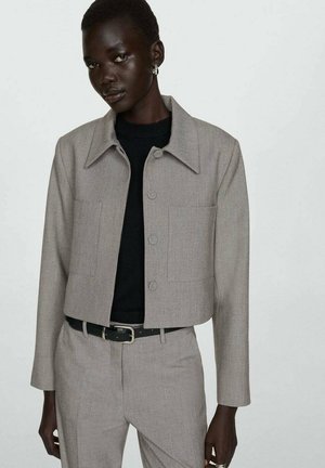 Cropped gray blazer made from textured fabric, featuring a point collar, front button closure, and two large patch pockets.