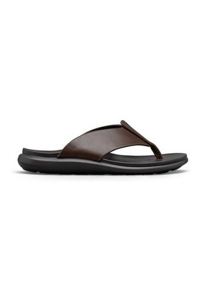 Sandale en cuir marron avec semelle noire matelassée, conçue pour un usage décontracté et le confort.
