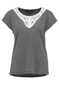 Black and white striped short-sleeve top with a rounded neckline and intricate white lace detailing at the front. Soft, lightweight fabric.