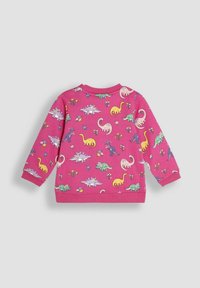 Flis majica u svijetlo ružičastoj boji s raznobojnima uzorcima dinosaura i cvijeća. Dugi rukavi i okrugli izrez. Mekana tekstura.