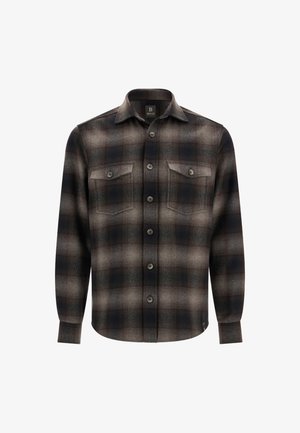 Flanellen overhemd in bruin en grijs ruitpatroon met twee borstzakken, knoopsluiting en een klassieke kraag. Zachte textuur en lange mouwen.