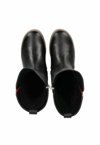 Black leather ankle boots with a rounded toe, low heel, side zippers, and red accents on the interior. Soft suede lining.