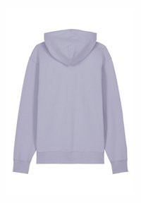 Pullover hoodie in licht lavendel met een ruime capuchon, lange mouwen en ribgebreide manchetten en zoom. Glad oppervlak, casual ontwerp.