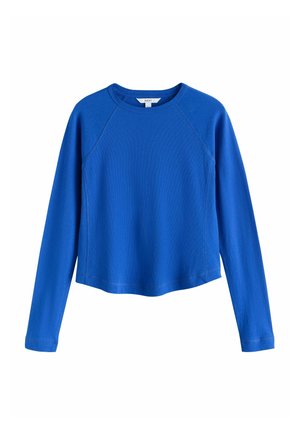 Langærmet trøje i kongeblå med rund halsudskæring, enkelt design og lige kant, vist mod en hvid baggrund.