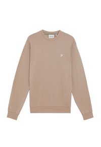 Beige sweatshirt lavet af bomuldsblanding; rund halsudskæring; lange ærmer; har et lille broderet logo på brystet; ribbede manchetter og kant.