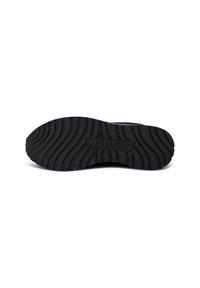 Suela de zapato de goma negra con una textura ondulada, que presenta el nombre de la marca "WODEN" en relieve. Diseño limpio sin patrones visibles.