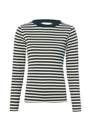 Long-sleeve shirt with narrow black and white horizontal stripes and a black round neckline on a white background.