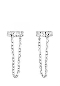 Silverfärgade hoops med en texturerad övre del och länkade kedjor hängande nedanför, som framhäver en polerad och reflekterande yta.