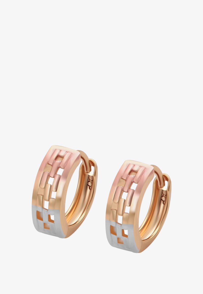 Roosa kuldse värvusega rõngaskõrvarõngad, millel on kudumise mustriga disain ja hõbedased ruudukujulised aksessuaarid ees, varustatud hingedega sulgumisega.